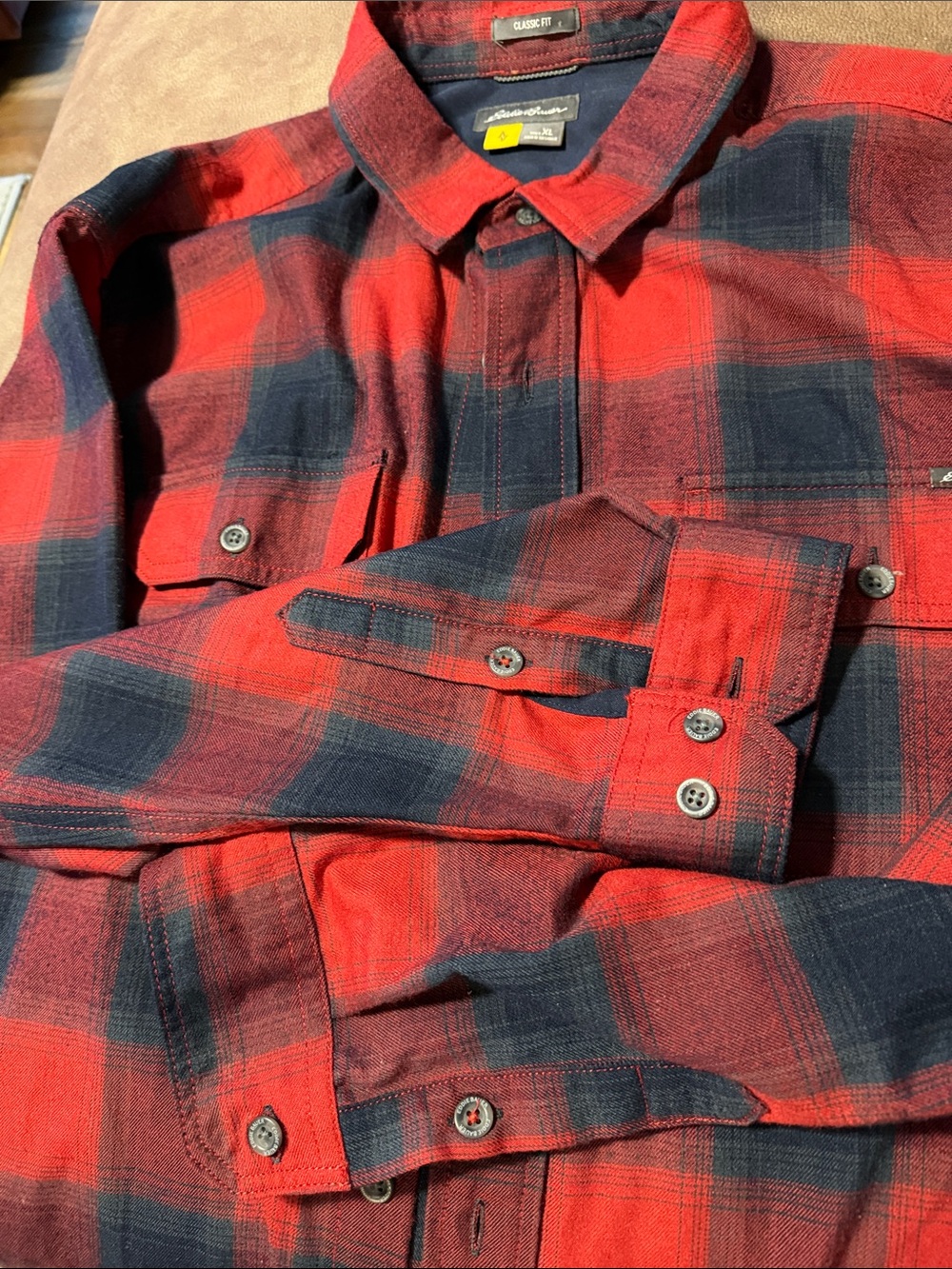 Eddie Bauer Red and Navy Plaid Button-Down Shirt - Picture 4 of 6